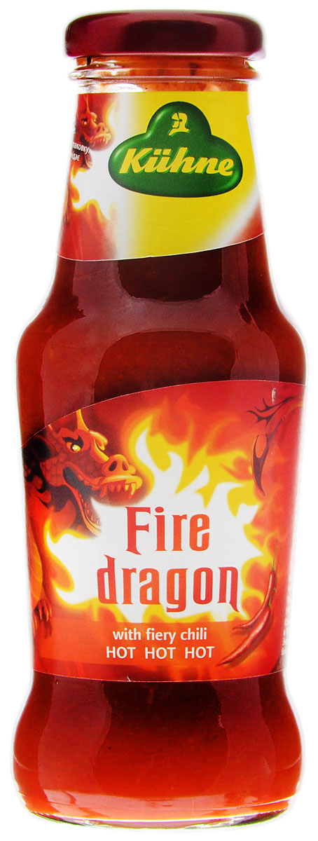 Kuhne Spicy Sauce Fire Dragon соус томатный с острым перцем чили, 278 г0560003 Kuhne Spicy Sauce Fire Dragon соус томатный с острым перцем чили, 278 г0560003Название соуса говорит само за себя. Томатный соус с острым перцем чили, чесноком и небольшим количеством паприки – отличное дополнение в первую очередь к мясным блюдам, приготовленным на гриле: шашлыку, колбаскам или стейку.