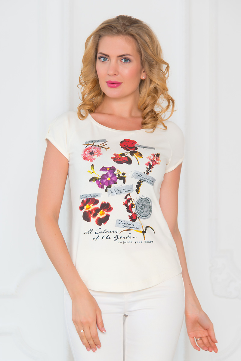 Футболка женская BeGood, цвет: молочный. SS16-BGUZ-537. Размер 5XL (58)SS16-BGUZ-537 Футболка женская BeGood, цвет: молочный. SS16-BGUZ-537. Размер 5XL (58)SS16-BGUZ-537Женская футболка BeGood выполнена из хлопка с добавлением эластана. Модель с круглым вырезом горловины и короткими рукавами-реглан. Футболка оформлена цветочным принтом и надписями на английском языке.