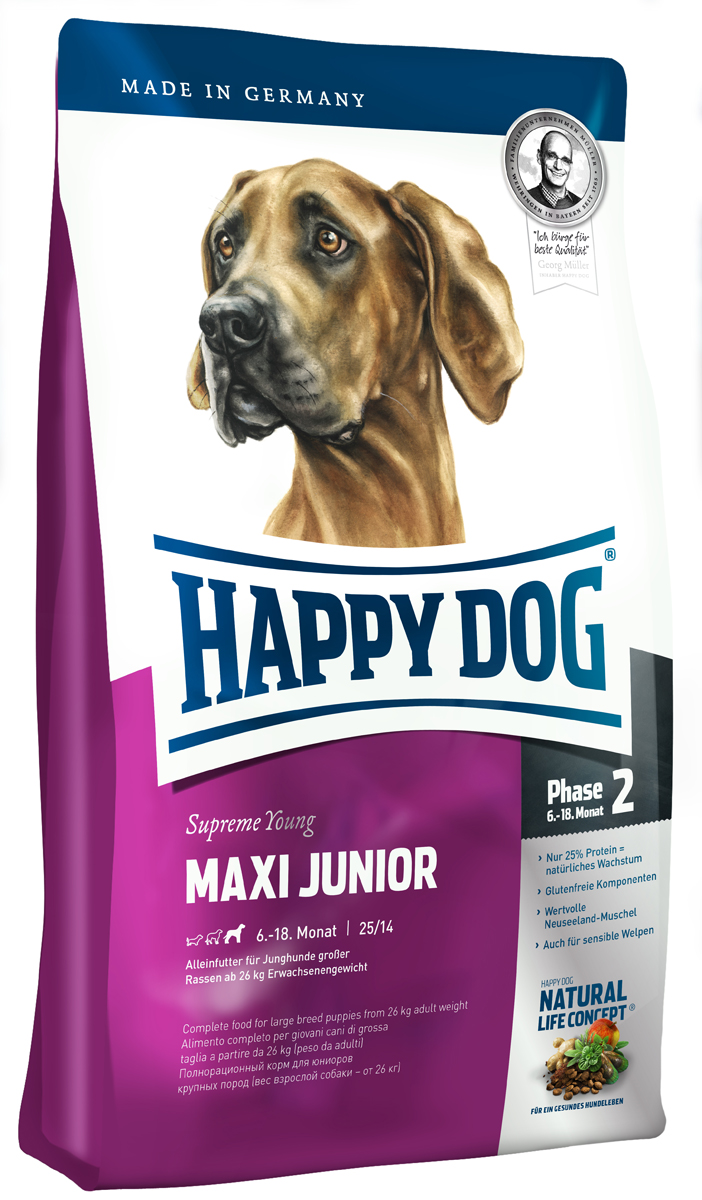 Корм сухой Happy Dog Junior для щенков крупных пород, с 6 до 18 месяцев, 15 кг3429 Корм сухой Happy Dog Junior для щенков крупных пород, с 6 до 18 месяцев, 15 кг3429Happy Dog Junior - полнорациональный корм для щенков крупных пород. Слишком быстрый рост - часто наблюдаемая проблема молодых собак крупных пород. Одобренная ветеринарными врачами рецептура корма со сниженным содержанием протеина - всего 25% предотвращает избыточное кормление юниоров во второй фазе роста. Корм содержит мясо птицы, лосося, а также ценного новозеландского моллюска. Этот сухой корм оптимально подходит для беспроблемного и щадящего кормления юниоров крупных пород (вес взрослой собаки 26 кг), в том числе чувствительных к кормам, с 6 месяца (после окончания смены зубов). Состав: птица (23%), кукурузная мука, кукуруза, рисовая мука, птичий жир, лосось (5%), картофель, клетчатка, свекольная пульпа, масло из семян подсолнечника, яблочная пульпа, сухое цельное яйцо, хлорид натрия, дрожжи, хлорид калия, рапсовое масло, морские водоросли (0,15%), льняное семя (0,15%), дрожжи (экстрагированные), расторопша, артишок, одуванчик, имбирь, березовый лист, крапива, ромашка, кориандр, розмарин, шалфей, корень солодки, тимьян, мясо моллюсков (0,01%), (Общий объем сухих трав: 0,14%).Аналитический состав: сырой протеин 25%, сырой жир 14%, сырая клетчатка 3%, сырая зола 6%, кальций 1,3%, фосфор 0,9%, натрий 0,4%, Омега-6 жирные кислоты 2,8%, Омега-3 жирные кислоты 0,35%.Витамины/кг: витамин A 12000 М.E., витамин D3 1200 М.E., витамин Е 75 мг, витамин В1 4 мг, витамин В6 6 мг, биотин 4 мг, кальция D- пантотенат 575 мкг, ниацин 10 мг, витамин В12 40 мг, холинхлорид. Микроэлементы/кг: железо 70 мкг, медь 60 мг, цинк 105 мг, марганец 10 мг, йод 125 мг, селен 25 мг.Товар сертифицирован.