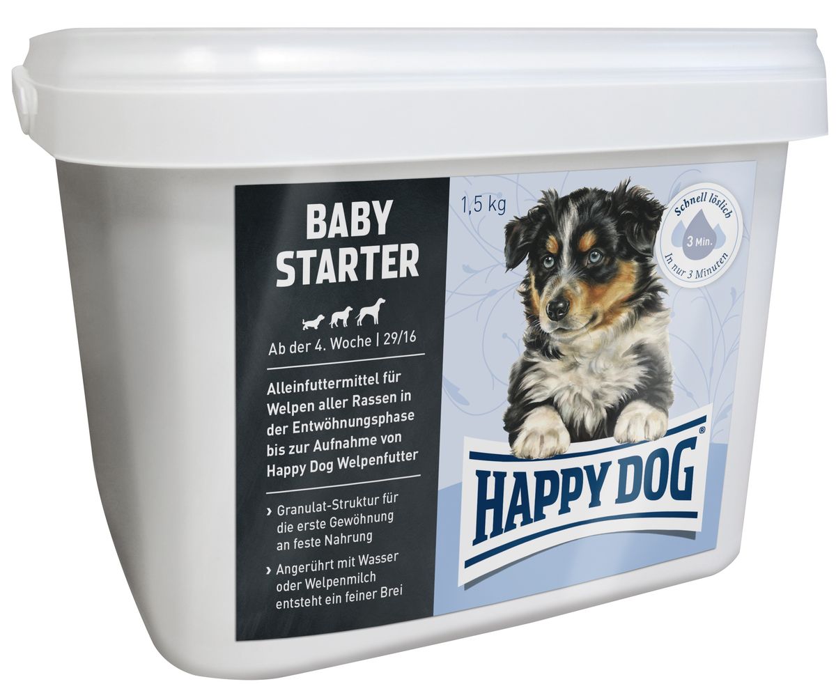 Сухой корм для щенков Happy Baby Starter, 1,5 кг3504 Сухой корм для щенков Happy Baby Starter, 1,5 кг3504Оптимально сбалансированное питание для щенка Happy Baby Starter – лучшая основа для здорового развития! Корм содержит высококачественное мясо птицы и лосося, а также ценного новозеландского моллюска. Этот корм оптимально подходит для беспроблемного и щадящего кормления щенков всех пород, начиная с 4-ой недели жизни. Ингредиенты: белок птицы (26,5%), кукурузная мука, рисовая мука, жир домашней птицы, мука из лосося (5%), барда, картофельный белок, целлюлоза, свекольная пульпа, масло из семян подсолнечника, яблочная пульпа (0,6%), цельное яйцо, рапсовое масло, хлорид натрия, хлорид калия, дрожжи, морские водоросли (0,15%), семя льна (0,15%), дрожжи (экстрагированные), расторопша, артишок, одуванчик, имбирь, листья березы, крапивы, ромашка, кориандр, розмарин, шалфей, корень солодки, тимьян, новозеландский моллюск (0,01%).Аналитический состав: сырой протеин 29%, сырой жир 16%, сырая клетчатка 3%, сырая зола 6,5 %, кальций 1,4%, фосфор 1%, натрий 0,4%, Омега-6 жирные кислоты 3%, Омега-3 жирные кислоты 0,4%.Добавки на 1 кг продукта: витамин А 12000 МЕ, витамин D3 1200 МЕ, витамин Е 75 мг, витамин В1 4 мг, витамин В2 6 мг, витамин В6 4 мг, биотин 575 мкг, кальций D-пантотенат 10 мг, ниацин витамин В12 40 мг, холинхлорид 70 мг.Микроэлементы на 1 кг продукта: железо 60 мг, медь 105 мг, цинк 10 мг, марганец 125 мг, йод 25 мг, селен 2 мг.Товар сертифицирован.
