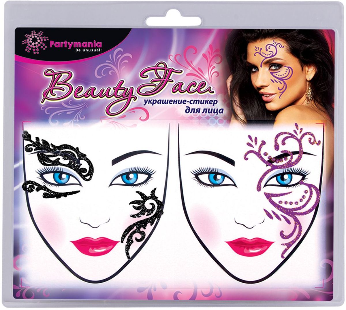 Partymania Украшение-стикер для лица Beauty Face 2 шт цвет черный розовый