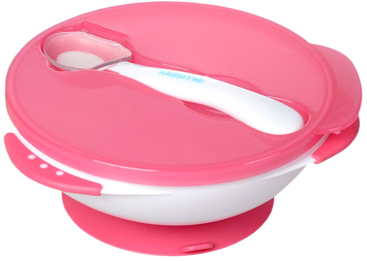 Kidsme Тарелка детская с ложкой цвет белый розовый9832LA Kidsme Тарелка детская с ложкой цвет белый розовый9832LAДетская тарелка Kidsme на присоске не скользит по столу, а еда не капает и не разливается. В комплект входит ложка. Цветной ободок ложки - индикатор, который позволяет легко определить, когда пища будет иметь безопасную температуру. Помешайте пищу ложкой в течение 10-15 секунд. Цветной ободок потускнеет если температура пищи выше 40 °C.Также в комплект входит крышка со специальным клапаном для хранения ложки. Тарелка Kidsme удобна в использовании дома и в дороге.