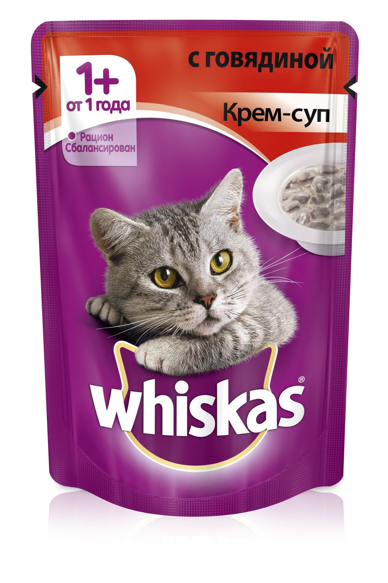Консервы для кошек Whiskas, крем-суп с говядиной, 85 г58686 Консервы для кошек Whiskas, крем-суп с говядиной, 85 г58686Консервированный корм Whiskas - полнорационное питание со всеми необходимыми для здоровья питательными веществами, витаминами и минералами для взрослых кошек от 1 года. Аппетитные кусочки с нежным сливочным соусом непременно понравятся вашему любимцу.В каждой миске крем-супа Whiskas ваш питомец найдет вкусное и полезное угощение.Состав: мясо и субпродукты (в том числе говядина минимум 4%), сухие сливки на растительной основе, злаки, таурин, витамины, минеральные вещества. Пищевая ценность (в 100 г продукта): белки - 7,5 г; жиры - 3,0 г; зола - 2,5 г; клетчатка - 0,2 г; витамин А - не менее 150МЕ; витамин Е - не менее 1,0 мг; влага - 83 г. Энергетическая ценность (на 100 г): 70 ккал/293 кДж. Товар сертифицирован.