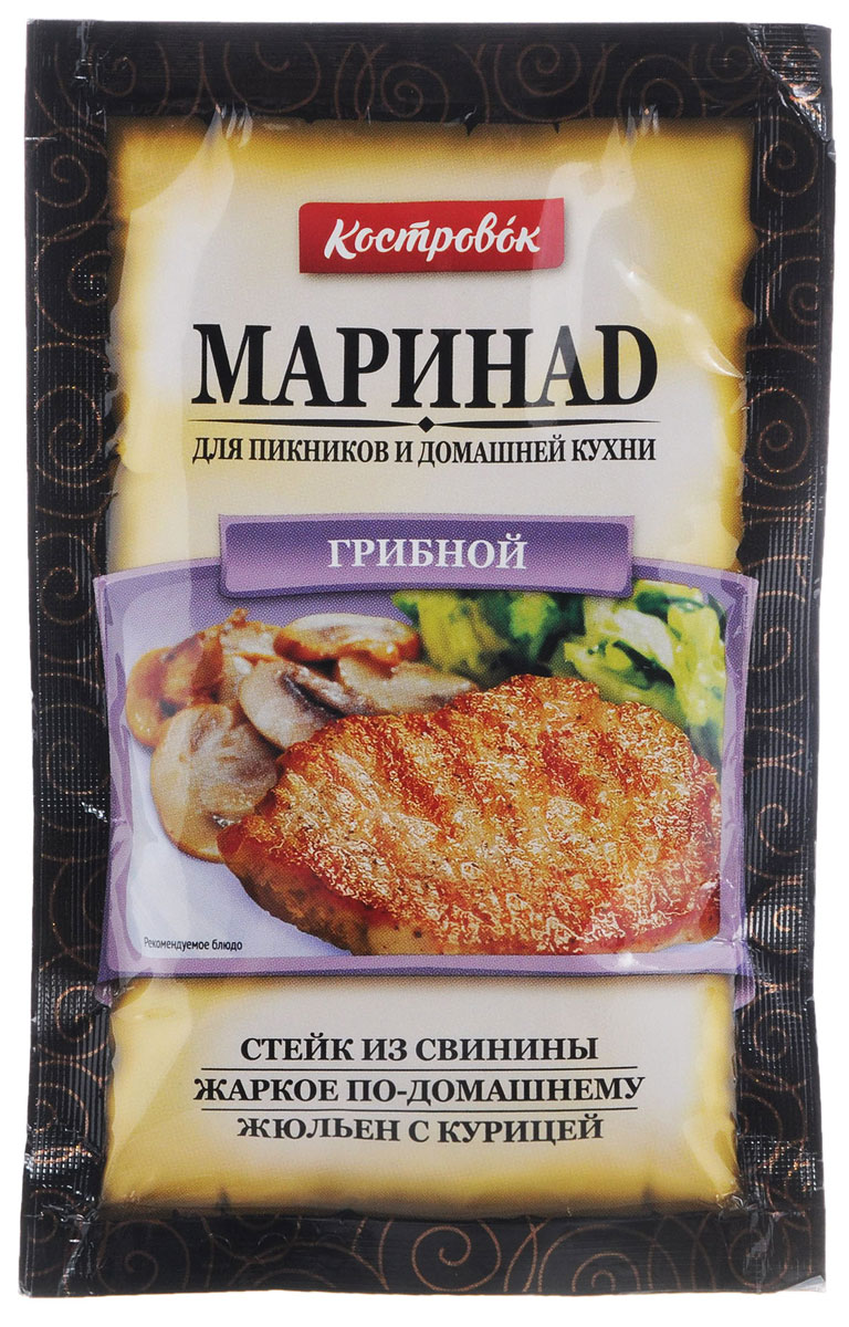 Костровок маринад грибной, 80 г450 Костровок маринад грибной, 80 г450Грибной маринад Костровок предназначен для всех видов мяса, птицы, рыбы и овощей. С ним продукты не пригорают при жарке и сохраняют свою сочность. Маринад подходит для любых способов приготовления: на сковороде, на гриле, в духовке. Продукт изготовлен на основе растительных масел. Один пакет рассчитан на 800 г продукта. На обратной стороне упаковки указаны рецепты приготовления блюд. - Стейк из свининыМясо нарежьте поперек волокон на куски толщиной 1 см. Нанесите равномерно маринад из расчета 1 пакетик на 800 г мяса и оставьте на 2-3 часа для маринования. Мясо жарьте на сковороде до готовности, подавайте с жареными овощами. - Жаркое по-домашнемуМясо свинины (120 г) или птицы нарежьте на кусочки, очищенный картофель (400 г) - дольками, лук репчатый (50 г) - полукольцами, грибы (100 г) - ломтиками. Добавьте 1 пакетик маринада, 2 столовых ложки сметаны или жирных сливок, перемешайте. Запекайте 30-40 минут в горшочке или форме для запекания при температуре 165-175°С. - Жюльен с курицейГрибы (150 г) и лук репчатый (150 г) мелко нарежьте и обжарьте до золотистой корочки. Мясо курицы (500 г) мелко нарежьте, перемешайте с обжаренным луком, грибами и одним пакетиком маринада. Выложите в кокотницу либо форму для запекания, посыпьте тертым сыром. Готовьте 20 минут при температуре 165°C.