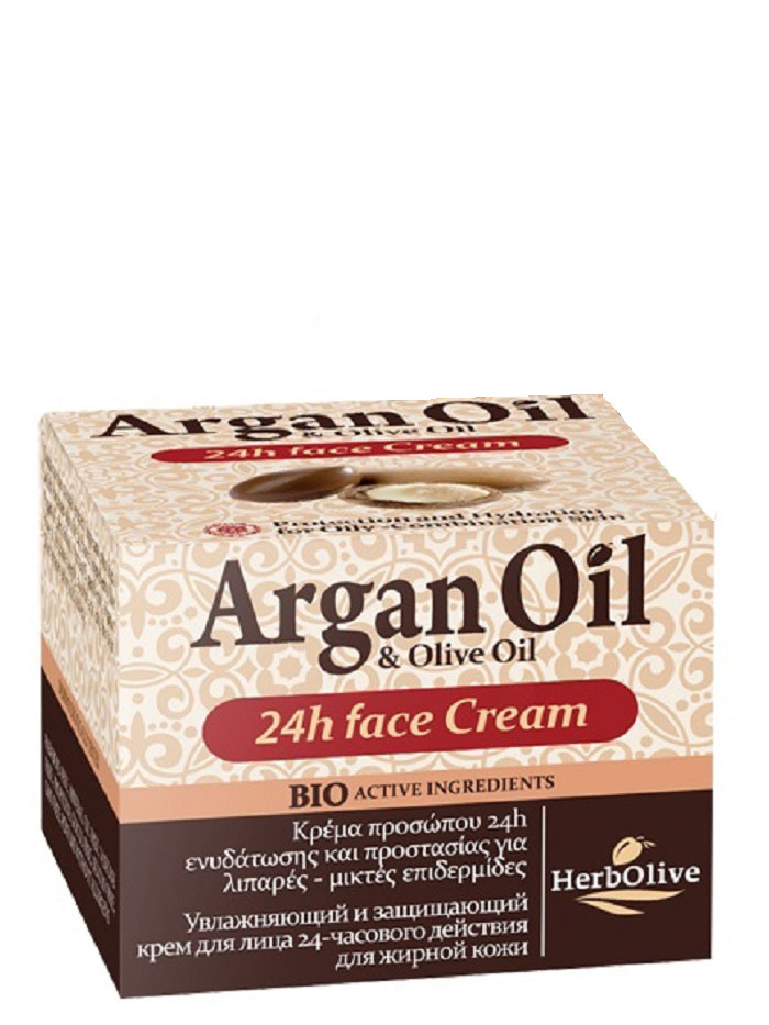 ArganOil Крем для лица уход 24ч для жирной и комбинированной кожи 50 мл5200310402760 ArganOil Крем для лица уход 24ч для жирной и комбинированной кожи 50 мл5200310402760Крем для ухода за лицом в течение 24 часов. Рекомендуется использовать для жирной и комбинированной кожи с 20 лет.Крем содержит активные компоненты: экстракт корня императы цилиндрической, которая содержит калий, поддерживает водный баланс в клетках кожи, способствует моментальному увлажнению, длительному удержанию влаги и повышению местного иммунитета. Масло арганы, миндальное масло, витамин Е, пантенол, органическое оливковое масло, глубоко увлажняют кожу, питают защищают от внешних неблагоприятных воздействий. Обладает отбеливающим действием, выравнивая тон кожи. Косметика произведена в Греции на основе органического сырья, НЕ СОДЕРЖИТ минеральные масла, вазелин, пропиленгликоль, парабены, генетически модифицированные продукты (ГМО)