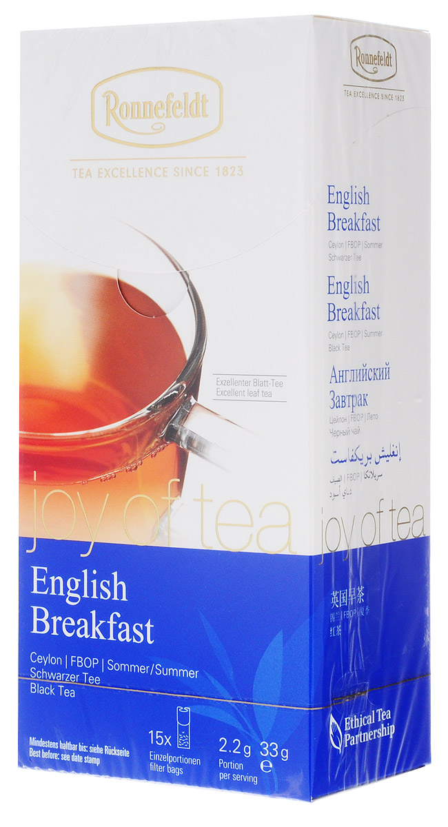 Ronnefeldt Joy of Tea Английиский завтрак черный чай в пакетиках, 15 шт23000 Ronnefeldt Joy of Tea Английиский завтрак черный чай в пакетиках, 15 шт23000Идеальная смесь лучших сортов чая с высокогорной плантации Ува определяет высокое качество этого фруктово-искристого, истинно британского бленда.Оптимальная порция высококачественного листового чая в саше из экологичного, натурального материала. В этом саше чайные листья, произведенные традиционным методом, полностью раскрываются и передают напитку свой полный вкус.