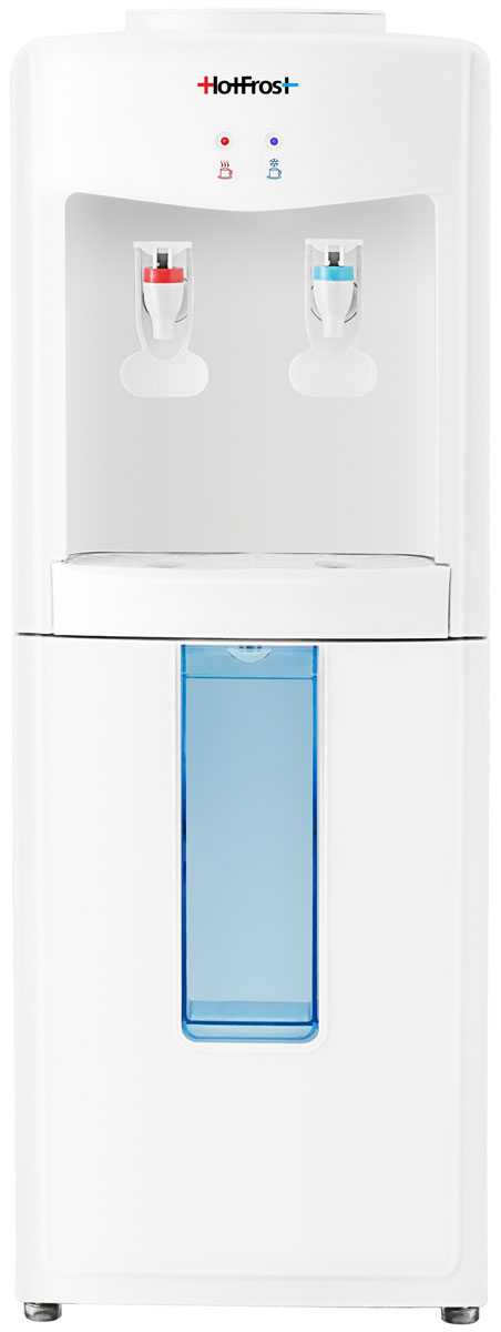 HotFrost V118F, White кулер для водыV118F HotFrost V118F, White кулер для водыV118FHotFrost V118F - недорогой, но в то же время надежный кулер для воды, который станет идеальным решением для покупателя, делающего свой выбор в пользу выгодного сочетания цена/качество.Для слива воды в кулере установлены краники нажимного типа, интуитивно понятные в использовании. Такой тип краников позволяет пользователю не напрягаться и не вникать в особенности работы с механизмом аппарата, а просто напиться воды, что, собственно говоря, и должен обеспечивать кулер.Наличие нажимных краников избавляет владельцев данной модели от излишних контактов с поверхностями кулера, что действительно очень гигиенично. Кроме этого, кулер оборудован откидным шкафчиком для хранения пластиковых стаканчиков. Эти факторы позволяют использовать этот кулер в местах массового скопления людей.Энергопотребление: 1,2 кВт/ч в суткиСъемный лоток для сбора капельИндикатор нагреваТип нагревательного элемента: внутренний трубчатыйМатериал бака горячей воды: нержавеющая сталь