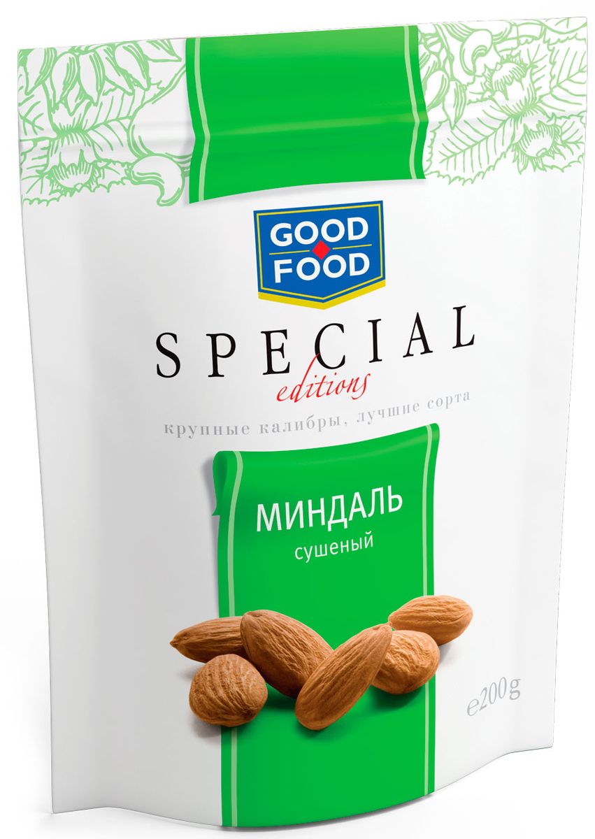 Good Food Special миндаль сушеный, 200 г4620000671923 Good Food Special миндаль сушеный, 200 г4620000671923Миндаль - это бесценный источник белка и заряд энергии для активной умственной работы. Орехи серии Good Food Special - это не просто полезный продукт, это орехи самых крупных калибров премиального качества из лучшего сырья. Вы можете быть уверены в крупном размере каждого орешка, а также его непревзойденной чистоте и отменном вкусе.