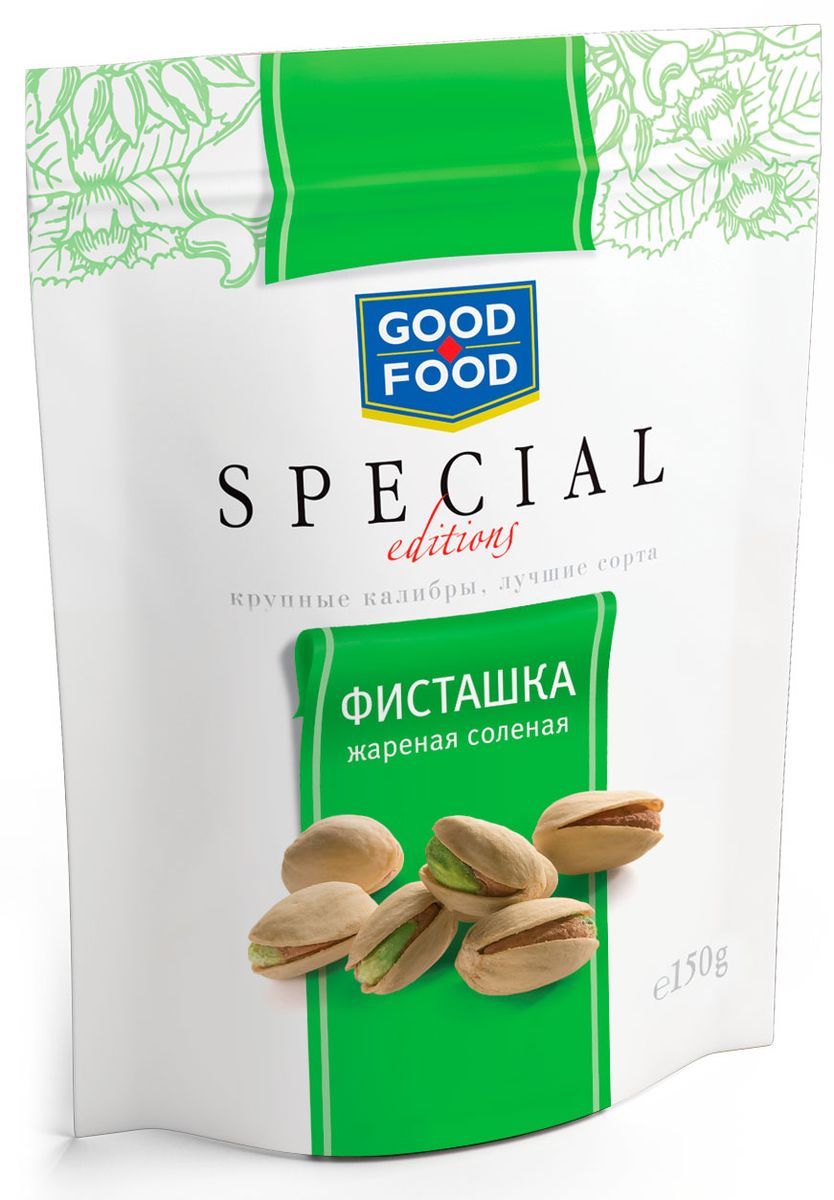 Good Food Special фисташки жареные соленые, 150 г4620000671947 Good Food Special фисташки жареные соленые, 150 г4620000671947Фисташки Good Food Special - это отборные орехи самых крупных размеров премиального качества. Фисташки - невероятно полезны: десять орешков в день наделяют взрослого человека четвертью нормы витамина В6.