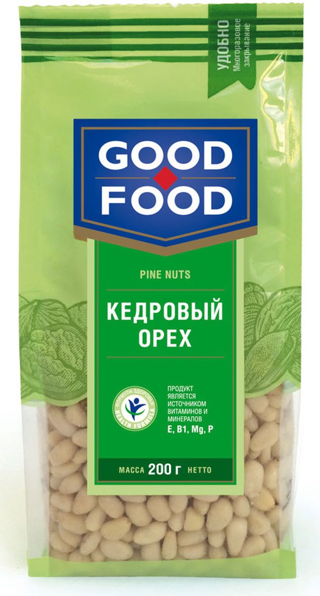 Good Food кедровый орех, 200 г4620000677161 Good Food кедровый орех, 200 г4620000677161Кедровый орех не только вкусный, но и исключительно полезный продукт для здоровья человека. Кедровый орех не содержит холестерина, отличается повышенным содержанием белка - до 44% (в 12 раз больше, чем в курином мясе). Врачи рекомендуют употреблять в пищу кедровые орешки вегетарианцам, чтобы компенсировать белковый голод. В этом орехи содержатся практически все незаменимые аминокислоты, также кедровый орех отличается высоким содержанием антиоксидантов, предотвращающих старение организма.