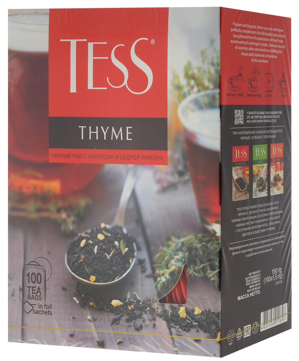 Tess Thyme черный чай в пакетиках, 100 шт1185-09 Tess Thyme черный чай в пакетиках, 100 шт1185-09Черный чай с чабрецом и цедрой лимона Tess Thyme сочетает в себе пряный, душистый, чуть горьковатый горный чабрец и насыщенный вкус черного чая, собранного на плантациях северной Индии, подчеркивая его терпкие оттенки. Деликатная цитрусовая кислинка вносит ноту свежести, завершая безупречно сбалансированную вкусовую гамму чайного купажа.