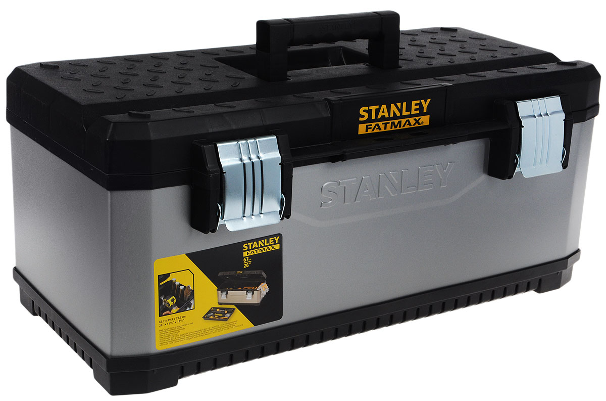 Ящик для инструментов Stanley FatMax, 261-95-617 Ящик для инструментов Stanley FatMax, 261-95-617Высокий корпус для увеличенного объема хранения. Инновационный съемный вертикальный органйзер для более удобного размещения инструмента. Большие металлические с защитой от коррозии замки с возможностью использования навесного замка (в комплект поставки не входит). Эргономичная ручка из двух материалов. Сочетание преимуществ пластика с прочностью металла для максимальной защиты содержимого. V-образный паз в крышке ящика для удобства расположения детали при пилении. Переносной лоток для транспортировки инструмента и мелких деталей, при этом в ящике остается место под крупный инструмент, поскольку длина лотка меньше длины ящика. Конструкция позволяет с легкостью переносить большую нагрузку. Подходит для каменщиков, бетонщиков, электриков, сантехников, маляров/декораторов, плотников, ковельщиков, специалистов в области вентиляции и кондиционирования, работе по гипсокартону, штукатуров, плиточников, укладчиков напольных покрытий, для профессионалов в других областях, например, дорожном строительстве и водоснабжении Характеристики: Материал:пластик, металл. Размеры ящика: 66,2 см x 29,3 см x 29,5 см. Глубина ящика: 23 см. Размеры лотка: 38 см х 23 см х 3 см. Размеры упаковки: 67 см х 30 см х 30 см.