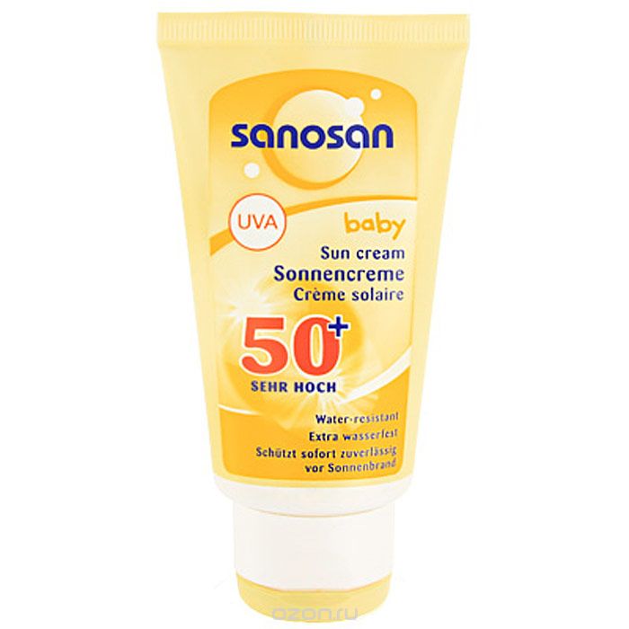 Крем детский Sanosan babyсолнцезащитный, SPF 50+, 75 мл03.02.01.089451 Крем детский Sanosan babyсолнцезащитный, SPF 50+, 75 мл03.02.01.089451Солнцезащитный крем бережно защищает нежную кожу малыша сразу же после нанесения. Оптимально переносится кожей. Обогащенное ценными алоэ-вера, витамином Е и пантенолом, крем увлажняет кожу и защищает ее от пересушивания.Солнцезащитный крем серии Sanosan baby- экстраводостойкий;- дает моментальный эффект после нанесения;- со сбалансированной степенью защиты от УФ-А и УФ-В лучей (в соответствии с рекомендациями ЕС);- не содержит отдушек, красителей и консервантов.