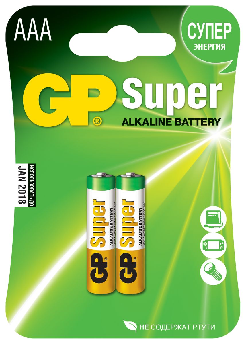 Набор алкалиновых батареек GP Batteries Super Alkaline, тип АAА, 2 шт2902 Набор алкалиновых батареек GP Batteries Super Alkaline, тип АAА, 2 шт2902Батарейки GP Batteries Super Alkaline прекрасно подходят для увеличивающейся потребности в источниках питания для устройств повседневного использования. У батареек идеальное соотношение цена/качество. Надежный продукт широкого спектра применения, подходящий для потребителей всех возрастов. - Увеличенная продолжительность работы. - Огромный ассортимент типоразмеров. - Длительный срок хранения (до 7 лет).
