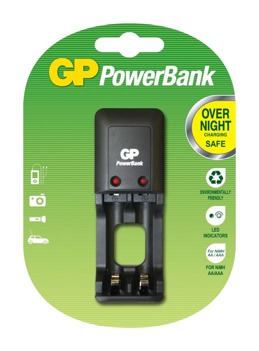 Зарядное устройство GP Batteries, для 2-х аккумуляторов типа АА, ААА3517 Зарядное устройство GP Batteries, для 2-х аккумуляторов типа АА, ААА3517Устройство GP Batteries - экономное решение для заряда двух аккумуляторов. Просто поместите ваши аккумуляторы в устройство и оставьте их заряжаться на всю ночь. Автоматический таймер гарантирует безопасный процесс заряда, после которого вы можете вытащить заряженные аккумуляторы, когда они вам понадобятся. Два канала для заряда позволяют заряжать 1-2 никель-металлгидридных аккумулятора типоразмеров АА или ААА.
