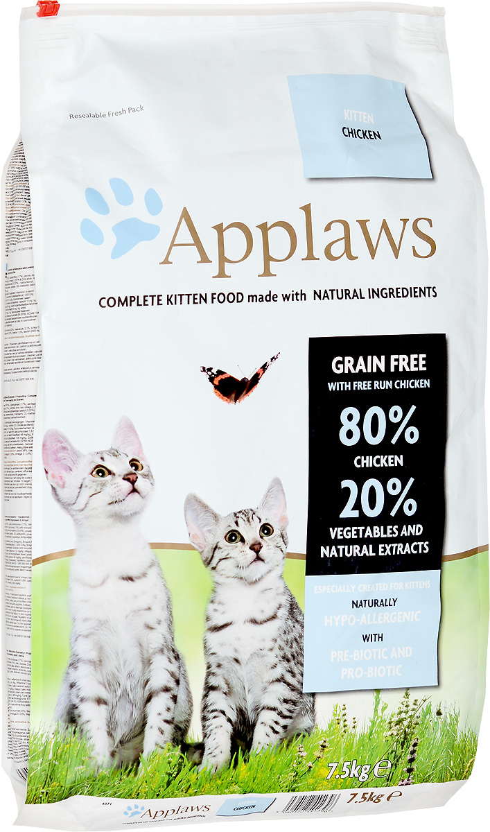 Корм сухой Applaws для котят, беззерновой, с курицей и овощами, 7,5 кг24399 Корм сухой Applaws для котят, беззерновой, с курицей и овощами, 7,5 кг24399Беззерновой корм для кошек Applaws изготовлен по особым рецептам, разработанными диетологами института Великобритании. Правильная диета очень важна для питомцев, ведь она меняется в зависимости от жизненного цикла. Также полнорационные корма должны включать в себя необходимое количество витаминов и минералов. В рецептах сухих кормов Applaws учтен не только перечень наиболее необходимых минералов и витаминов, но и их строгий баланс. Так как сухой корм изготавливается только из натуральных качественных ингредиентов, крокеты привлекут внимание любого, даже очень привередливого питомца. Состав: сушеное мясо цыпленка (62%), фарш из куриного мяса (17%), картофель, пивные дрожжи, свекловичный жом, куриная подливка (1%), лососевый жир, источник омега-3, ЭПК и ДГК, витамины и минералы, сушеное яйцо, целлюлозное растительное волокно (0,03%), хлорид натрия, карбонат кальция, морские водоросли, клюква, ДЛ-метионин, хлорид калия, экстракт юкки, экстракт из цитрусовых, экстракт розмарина. Пищевые добавки: Витамин А (ретинилацетат) 27850 МЕ/кг, Витамн D3 (холекальциферол) 1200 МЕ/кг, Витамин Е (альфа-токоферола ацетат) 615 мг/кг, микроэлементы: селен из селенита натрия 0,13 мг/кг, йод из йодата кальция безводного 1,5 мг/кг, железоиз сульфата железа моногидрата 80 мг/кг, медь из сульфата меди пентагидрата 48 мг/кг, марганец из сульфата марганца моногидрата 38 мг/кг, цинк из сульфата цинка моногидрата 135 мг/кг. Гарантированный анализ: белки - 38%, сырые масла и жиры - 20%, сырая клетчатка - 2,1%, минеральные вещества - 10,5%, омега 6 - 3,8%, омега 3 - 0,8%, кальций - 2,3%, фосфор - 1,5%, таурин - 2000 мг/кг.Товар сертифицирован.