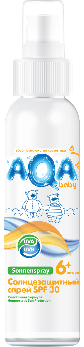 AQA baby Солнцезащитный спрей SPF 30, 150 мл02012401 AQA baby Солнцезащитный спрей SPF 30, 150 мл02012401Спрей надежно защищает нежную кожу даже самых маленьких детей от воздействия солнечных лучей. Инновационная формула (Homeostatic Sun Protection) обеспечивает:- улучшенный биосинтез витамина D;- двойную защиту от UVA- лучей;- профилактику старения кожи.Спрей легко наносится и быстро впитывается, не оставляя ощущения липкости. Содержит пантенол, который увлажняет кожу и препятствует сухости и шелушению.