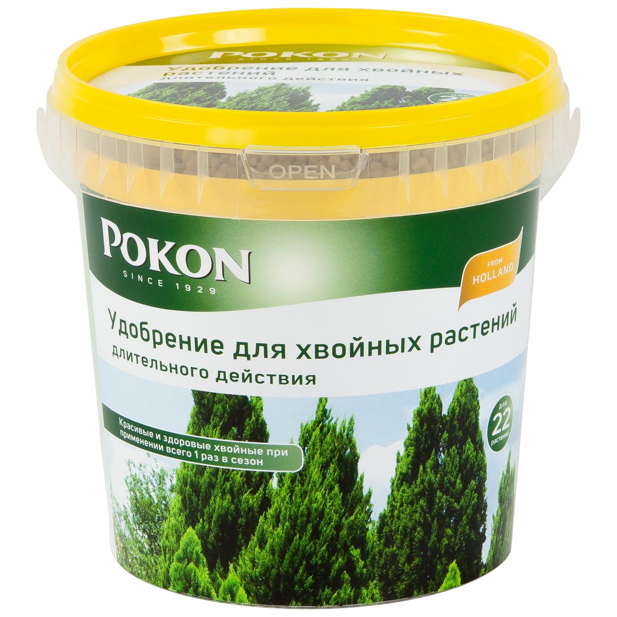 Удобрение Pokon, длительного действия, для хвойных, 900 г8711969016095 Удобрение Pokon, длительного действия, для хвойных, 900 г8711969016095В удобрении Pokon длительного действия содержится все необходимое для хвойных на целое лето. Достаточно внести это удобрение один раз, и затем питательные вещества будут постепенно высвобождаться и проникать в растения в течение сезона под воздействием дождей и солнца. Магниевая добавка придает хвое насыщенную зеленую окраску.Инструкция по применению:- Вносите удобрение 1 раз в год, желательно весной или при посадке растений.- Отмерьте нужное количество гранул (1 мерная ложечка на 1 растение или 1,5 мерной ложечки на 1 кв. м).- Равномерно насыпьте гранулы вокруг ствола.- Смешайте гранулы с верхним слоем грунта.- Полейте грунт, и удобрение немедленно начнет действовать.- Не используйте при температуре выше +25 градусов и под прямыми солнечными лучами.Состав:18% - общее содержание азота (N);4,6% - нитратный азот;2,6% - аммонийный азот;10,8% - мочевинный азот;6% - безводная фосфорная кислота (P2O5), растворимая в нейтральном цитрате аммония и воде;21% - водорастворимый оксид калия (K2O);2% - оксид магния (MgO);11,9% - трехокись серы (SO3);1% - железо (Fe);0,01% - бор (B);0,02% - медь (Cu);0,08% - марганец (Mn);0,001% - молибден (Mo);0,06% - цинк (Zn).Товар сертифицирован.