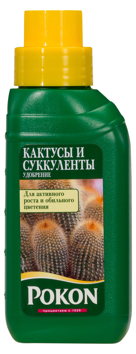 Удобрение Pokon для кактусов, 250 мл8719400007657 Удобрение Pokon для кактусов, 250 мл8719400007657Удобрение Pokon для кактусов.Кактусы и суккуленты - растения, требующие особого ухода. Это удобрение, специально разработанное для подкормки кактусов и суккулентов, обеспечивает их сбалансированный рост и обильное цветение.Инструкция по применению:- Добавьте удобрение в воду для полива (10 мл на 1 л воды).- Поливайте растения раствором удобрения 1 раз в 2 недели.- С ноября по февраль подкормка не нужна.Периодичность и сроки внесения:У кактусов есть период покоя, цветения и роста:Период покоя: с ноября по февраль, 8-15 C, полив и подкормка не проводятся.Период цветения: с марта по июнь, следует остерегаться яркого солнца, подкормка один раз в 2 недели.Период роста: после цветения, 20-30 C, необходимо обеспечить хорошую вентиляцию, много света и солнца, подкормка один раз в 2 недели.Состав: жидкое удобрение с соотношением NPK 4 + 7 + 7.Товар сертифицирован.