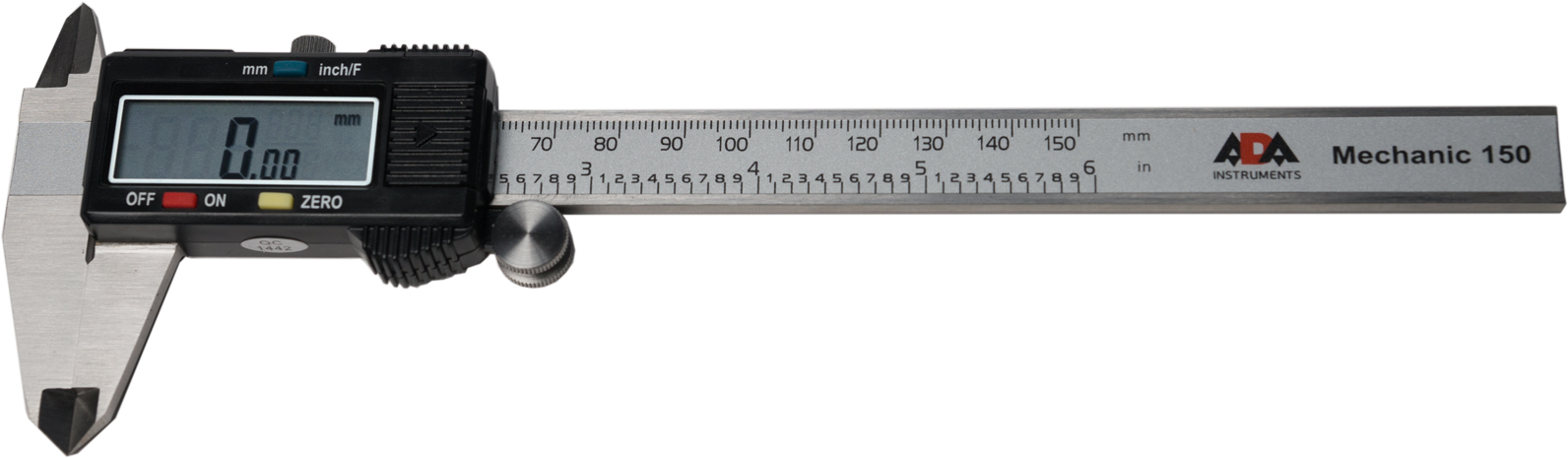 Штангенциркуль цифровой ADA Mechanic 150А00379 Штангенциркуль цифровой ADA Mechanic 150А00379Цифровой штангенциркуль ADA Mechanic 150 используется для проведения как наружных, так и внутренних измерений различных изделий или заготовок. Измерения производятся с высокой точностью ±0.03 мм. Результаты отображаются на ЖК дисплее с точностью до тысячных. Нажатием кнопки можно перевести миллиметры в дюймы. Результаты измерения отражаются на ЖК экране крупными цифрами.В любом положении подвижной рамки можно обнулить значение и начать измерения от этого положения. Например при определении разницы между диаметрами двух деталей.Включение штангенциркуля происходит автоматически при сдвиге рамки. Подвижная рамка имеет специальное колесико для точной установки и винтовой фиксатор.Корпус дисплея ADA Mechanic 150 изготовлен из пластика, остальная часть прибора — нержавеющая сталь.Цифровой штангенциркуль ADA Mechanic 150 точный и качественный ручной измерительный инструмент.Длина измерения: 0-150 ммРазрешение : 0.01ммТочность: ±0.03 ммПитание: 1х SR44