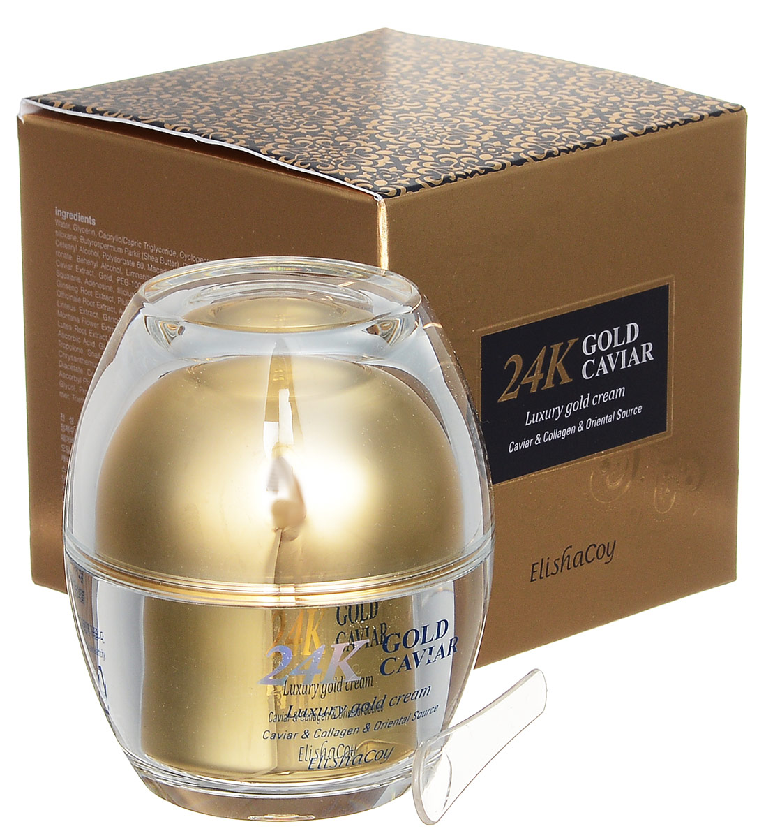 Elisha Coy Крем с экстрактом икры и частицами 24к золота, 50 г8809266951758 Elisha Coy Крем с экстрактом икры и частицами 24к золота, 50 г8809266951758Крем с экстрактом икры и частицами 24к золота восстанавливает и усиливает барьерные функции кожи, обладает легкой, нелипкой текстурой и хорошо впитывается.Подходит для всех типов кожи.Крем содержит экстракт икры,которая богата витаминами(A D E F) протеинами,ценными микроэлементами(калий,магний,натрий,фосфор,железо)полинасыщенными жирными омега-3 кислотами.Экстракт икры интенсивно увлажняет,сокращает морщины,повышает упругость и эластичность кожи лица.Крем интенсивно питает кожу благодаря входящим в состав сквалену, маслу ши, маслу семян макадамии, богатому растительному комплексу из экстрактов трав. Ниацинамид, аденозин и комплекс пептидов (Dipeptide Diaminobutyroyl Benzylamide Diacetate(SYN-AKE), Copper Tripeptide-1, Human Oligopeptide-1) борются с возрастными изменениями, дарят коже сияние и упругость.Средство содержит частицы 24к золота, которые способствуют обновлению кожи лица и придают сияние.