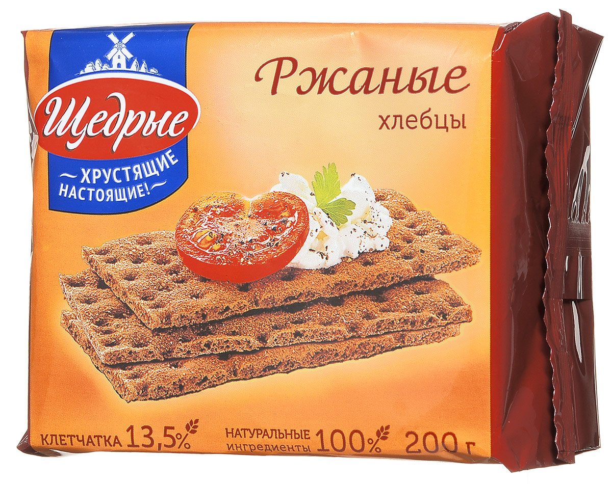 Щедрые хлебцы ржаные, 200 гбрк029 Щедрые хлебцы ржаные, 200 гбрк029Хрустящие ржаные хлебцы не только вкусные, но и полезные. Они содержат большое количество клетчатки (13,5%), а также витамины и минералы. 100% натуральный продукт, без консервантов, красителей и искусственных добавок. Отличная замена хлебобулочным изделиям, а также хороший диетический продукт.