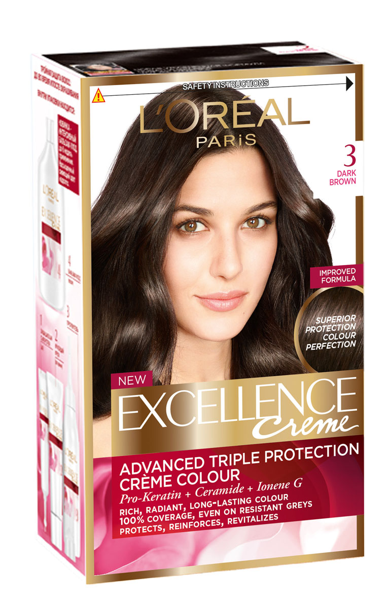 LOreal Paris Стойкая крем-краска для волос Excellence, оттенок 3, Темно-каштановыйA3671328 LOreal Paris Стойкая крем-краска для волос Excellence, оттенок 3, Темно-каштановыйA3671328Крем-краска для волос Экселанс защищает волосы до, во время и после окрашивания. Уникальная формула краскииз Керамида, Про-Кератина и активного компонента Ионена G, которые обеспечивают 100%-ное окрашивание седины и способствуют длительному сохранению интенсивности цвета. Сыворотка, входящая в состав краски, оказывает лечебное действие, восстанавливая поврежденные волосы, а густая кремовая текстура краски обволакивает каждый волос, насыщая его интенсивным цветом. Специальный бальзам-уход делает волосы плотнее, укрепляет их, восстанавливая естественную эластичность и силу волос.В состав упаковки входит: защищающая сыворотка (12 мл), флакон-аппликатор с проявителем (72 мл), тюбик с красящим кремом (48 мл), флакон с бальзамом-уходом (60 мл), аппликатор-расческа, инструкция, пара перчаток.1. Укрепляет волосы 2. Защищает их 3. Придает волосам упругость 3. Насыщеннный стойкий сияющий цвет 4. Закрашивает до 100% седых волос
