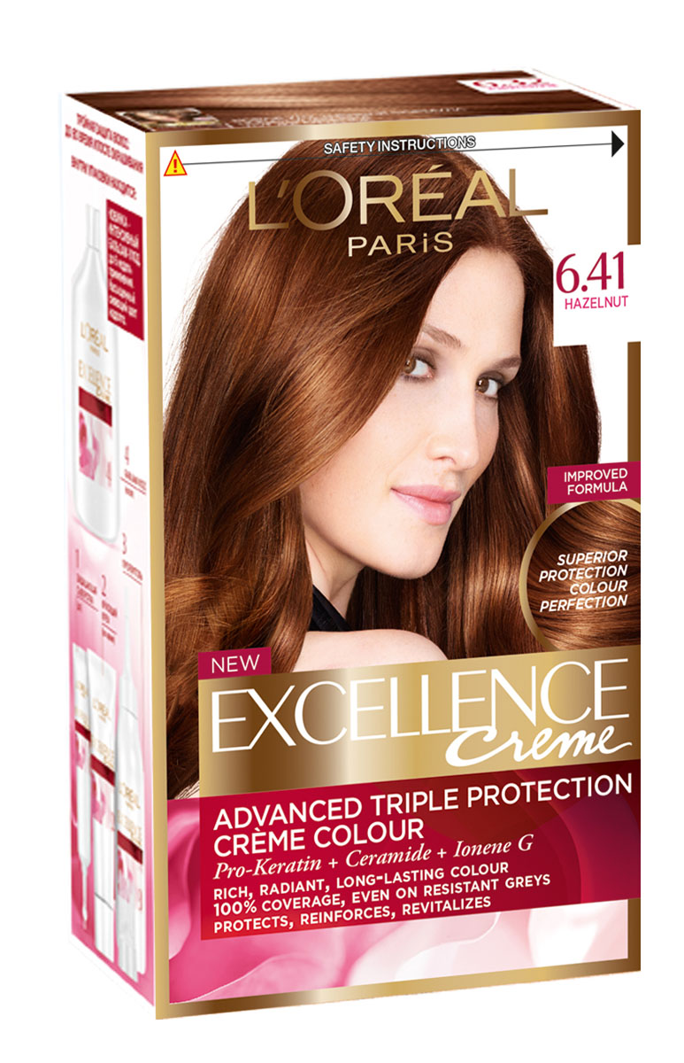 LOreal Paris Стойкая крем-краска для волос Excellence, оттенок 6.41, Элегантный медныйA4381228 LOreal Paris Стойкая крем-краска для волос Excellence, оттенок 6.41, Элегантный медныйA4381228Крем-краска для волос Экселанс защищает волосы до, во время и после окрашивания. Уникальная формула краскииз Керамида, Про-Кератина и активного компонента Ионена G, которые обеспечивают 100%-ное окрашивание седины и способствуют длительному сохранению интенсивности цвета. Сыворотка, входящая в состав краски, оказывает лечебное действие, восстанавливая поврежденные волосы, а густая кремовая текстура краски обволакивает каждый волос, насыщая его интенсивным цветом. Специальный бальзам-уход делает волосы плотнее, укрепляет их, восстанавливая естественную эластичность и силу волос.В состав упаковки входит: защищающая сыворотка (12 мл), флакон-аппликатор с проявителем (72 мл), тюбик с красящим кремом (48 мл), флакон с бальзамом-уходом (60 мл), аппликатор-расческа, инструкция, пара перчаток.1. Укрепляет волосы 2. Защищает их 3. Придает волосам упругость 3. Насыщеннный стойкий сияющий цвет 4. Закрашивает до 100% седых волос