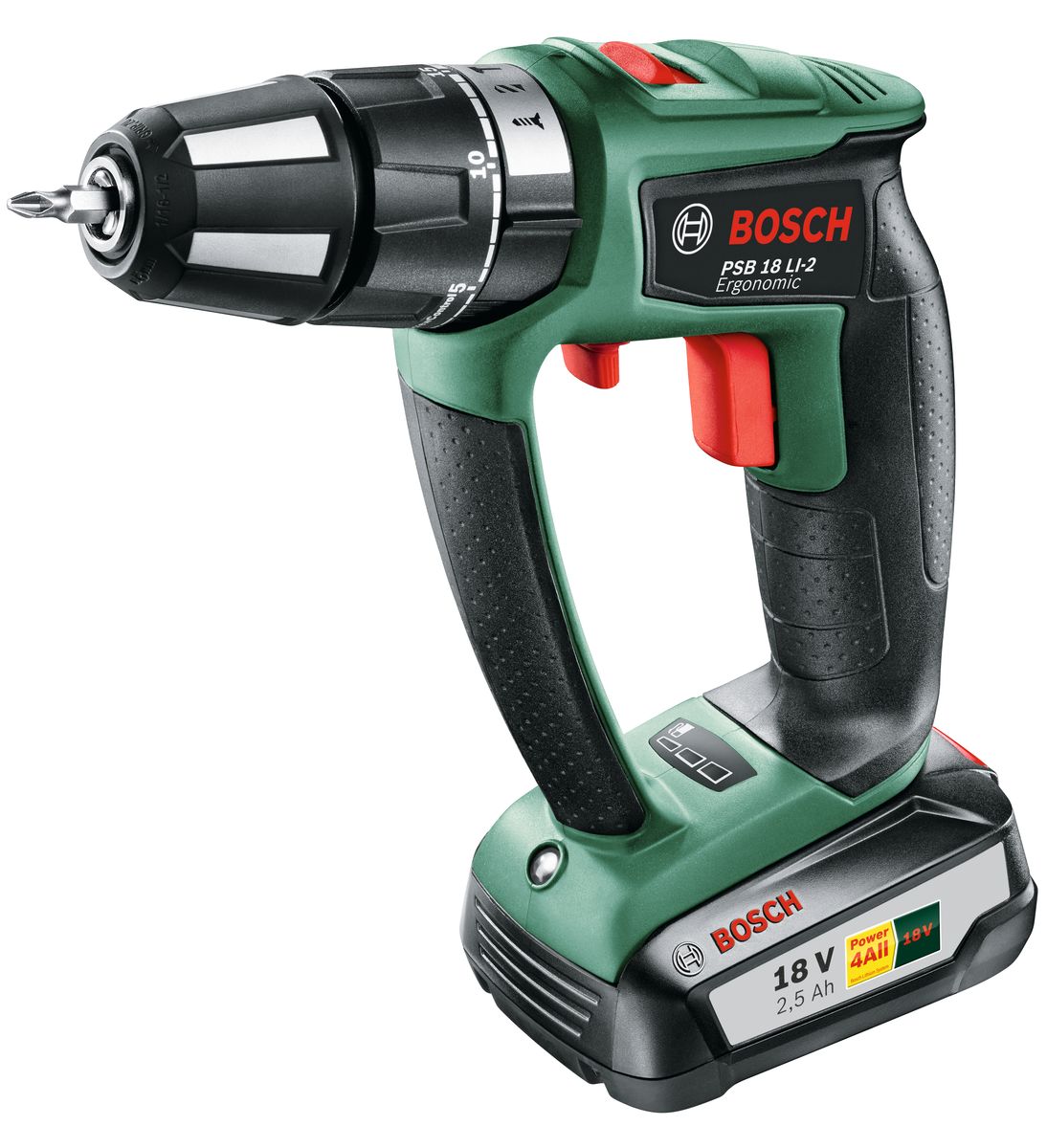 Дрель аккумуляторная ударная Bosch PSB 18 Li-2 Ergonomic06039A2101 Дрель аккумуляторная ударная Bosch PSB 18 Li-2 Ergonomic06039A2101Аккумуляторная ударная дрель Bosch PSB 18 LI-2 оснащена быстрозажимным патроном для возможности удобной замены оснастки одной рукой. Встроенная подсветка позволяет вести работу в плохо освещенных помещениях. Рукоятка с мягкой накладкой способствует надежному удержанию инструмента во время работы. Значение крутящего момента можно отрегулировать с помощью специальной муфты. Характеристики:- напряжение аккумулятора: 18 В, - тип аккумулятора: Li-lon,- максимальный диаметр сверления (дерево): 35 мм,- тип патрона: быстрозажимной,- максимальный диаметр сверления (металл): 13 мм, - максимальный крутящий момент: 54 Нм,- диаметр патрона: 13 мм,- тип двигателя: щеточный,- число скоростей: 2,- наличие удара: есть,- наличие подсветки: есть,- наличие реверса: есть,- максимальный диаметр шурупа: 10 мм,- число ступеней крутящего момента: 20+2,- частота вращения шпинделя: 0-440/1650 об/мин, - частота ударов: 22500 уд/мин,- вес: 1,5 кг.
