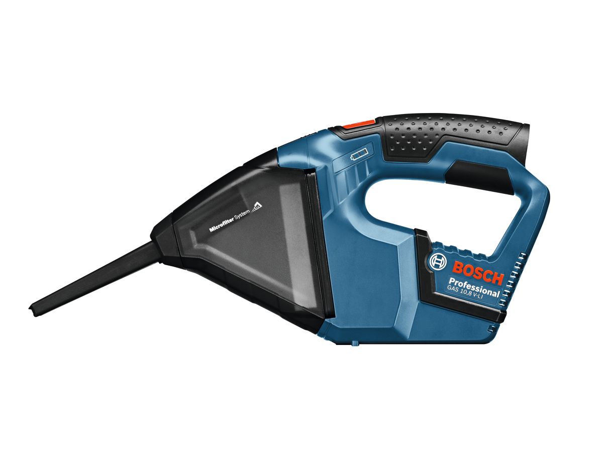 Ручной пылесос Bosch GAS 10,8 V-LI без аккумулятора и зарядного устройства 06019E302006019E3020 Ручной пылесос Bosch GAS 10,8 V-LI без аккумулятора и зарядного устройства 06019E302006019E3020Аккумуляторный пылесос Bosch GAS 10,8 V-LI (комплектация без аккумуляторной батареи и зарядного устройства) - самый мощный и компактный в своем классе. Он используется для уборки сухой пыли и опилок, например, после сверлильных и шлифовальных работ или в автомобиле. Благодаря прозрачному пылесборнику, можно контролировать уровень загрязненности. В комплект входит щелевая насадка, которая позволяет работать в труднодоступных местах.Напряжение аккумулятора: 10,8 ВРазрежение: 45 мБар