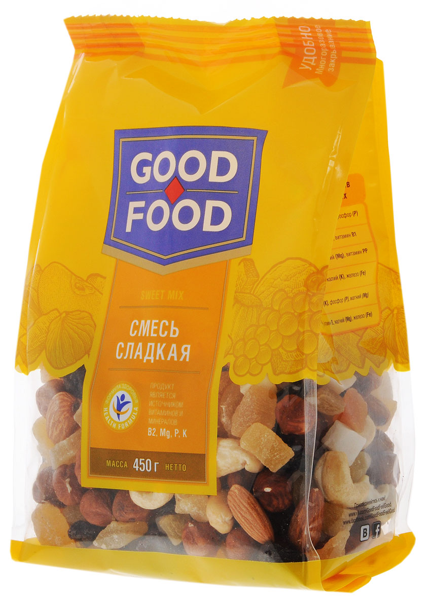 Good Food смесь сладкая, 450 г4620000671824 Good Food смесь сладкая, 450 г4620000671824Сладкая смесь от Good Food содержит множество ингредиентов, которые отлично утоляют голод, укрепляют иммунитет и являются источником витаминов и минералов.