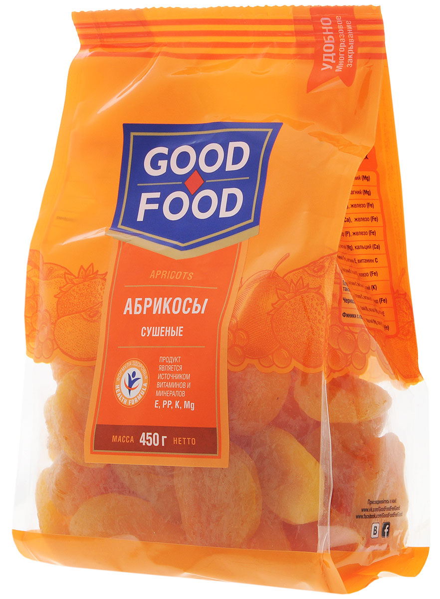 Good Food абрикосы сушеные, 450 г4620000671718 Good Food абрикосы сушеные, 450 г4620000671718Сушеные абрикосы обладают высокими вкусовыми качествами, быстро утоляют чувство голода, обогащают организм витаминами и микроэлементами, оказывают лечебный эффект при целом ряде болезней, делают человека бодрым, сильным и работоспособным.
