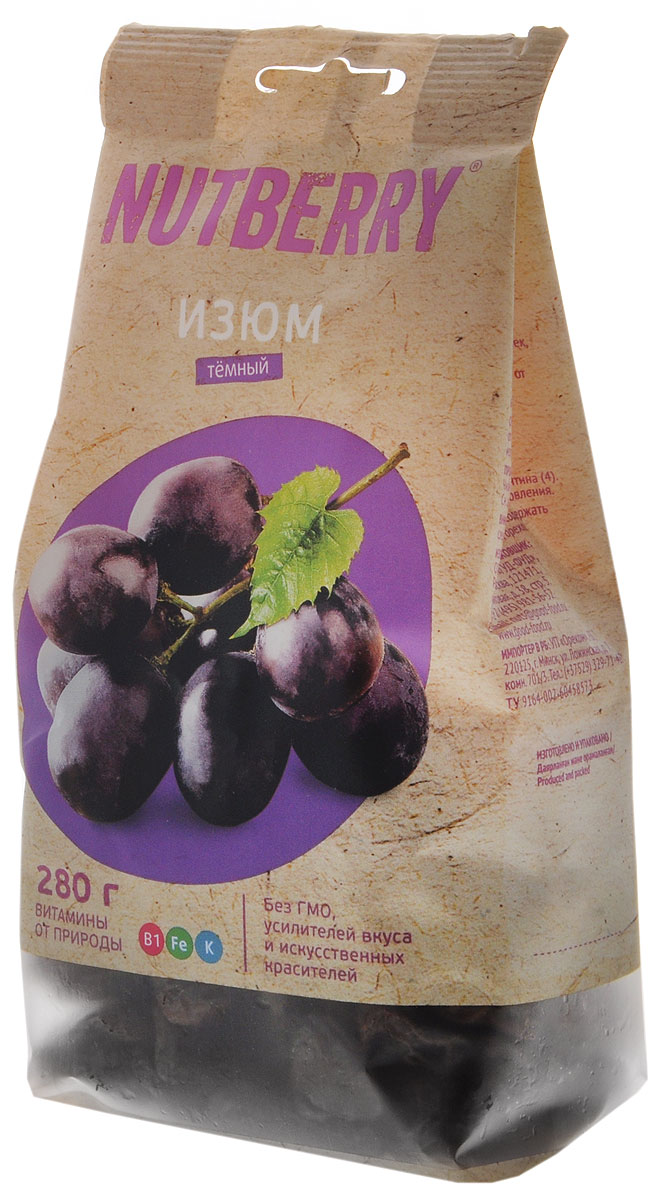 Nutberry изюм темный, 280 г4620000676201 Nutberry изюм темный, 280 г4620000676201Темный изюм – это вкусный и питательный продукт, обладающий полезными свойствами, заложенными самой природой. Самый вкусный, по мнению ценителей этого продукта, темный изюм сорта Томпсон Джамбо. Он отличается крупным калибром, нежной консистенцией и мягким вкусом.