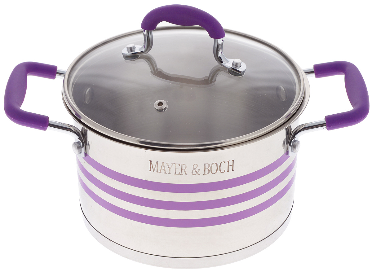 Кастрюля Mayer & Boch с крышкой, цвет: фиолетовый, стальной, 2,8 л24050 Кастрюля Mayer & Boch с крышкой, цвет: фиолетовый, стальной, 2,8 л24050Кастрюля Mayer & Boch изготовлена из высококачественной нержавеющей стали 18/10, которая придает ей привлекательный внешний вид, обеспечивает легкую очистку и долговечность. Многослойное термоаккумулирующее дно кастрюли обеспечивает наилучшее распределение и сохранение тепла. Кастрюля идеально подходит для здорового и экологичного приготовления пищи, а также диетических блюд. Ручки оснащены силиконовыми накладками, поэтому не перегреваются во время приготовления пищи. Крышка, выполненная из термостойкого стекла, позволяет следить за процессом приготовления пищи. Она оснащена отверстием для выхода пара и металлическим ободом. Форма кромки кастрюли предотвращает проливание жидкости, а благодаря правильности линий кромки в комбинации с крышкой, обеспечивается максимальная герметизация между ними. Яркий дизайн этой кастрюли придется по вкусу даже самой требовательной хозяйке. Подходит для всех типов плит, включая индукционные. Можно мыть в посудомоечной машине. Диаметр кастрюли (по верхнему краю): 18 см. Высота стенки: 11,5 см.Ширина кастрюли (с учетом ручек): 28,5 см.