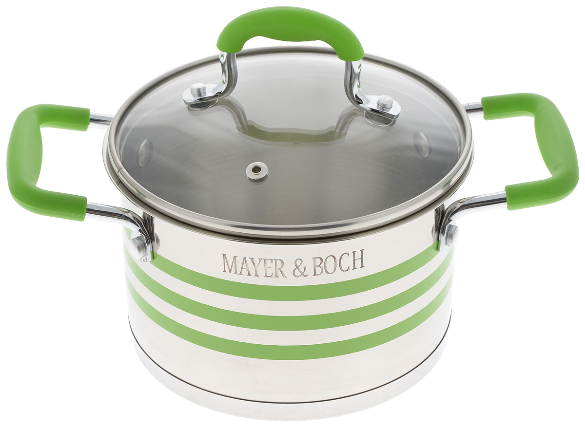 Кастрюля Mayer & Boch с крышкой, цвет: зеленый, стальной, 2 л24054 Кастрюля Mayer & Boch с крышкой, цвет: зеленый, стальной, 2 л24054Кастрюля Mayer & Boch изготовлена из высококачественной нержавеющей стали 18/10, которая придает ей привлекательный внешний вид, обеспечивает легкую очистку и долговечность. Многослойное термоаккумулирующее дно с прослойкой из алюминия обеспечивает наилучшее распределение и сохранение тепла. Кастрюля идеально подходит для здорового и экологичного приготовления пищи, а также диетических блюд. Ручки оснащены силиконовыми накладками, поэтому не перегреваются во время приготовления пищи. Крышка, выполненная из термостойкого стекла, позволяет следить за процессом приготовления пищи. Она оснащена отверстием для выхода пара и металлическим ободом. Форма кромки кастрюли предотвращает проливание жидкости, а благодаря правильности линий кромки в комбинации с крышкой, обеспечивается максимальная герметизация между ними. Яркий дизайн этой кастрюли придется по вкусу даже самой требовательной хозяйке. Подходит для всех типов плит, включая индукционные. Можно мыть в посудомоечной машине. Внутренний диаметр кастрюли (по верхнему краю): 16 см. Высота стенки: 10,5 см.Ширина кастрюли (с учетом ручек): 26 см.
