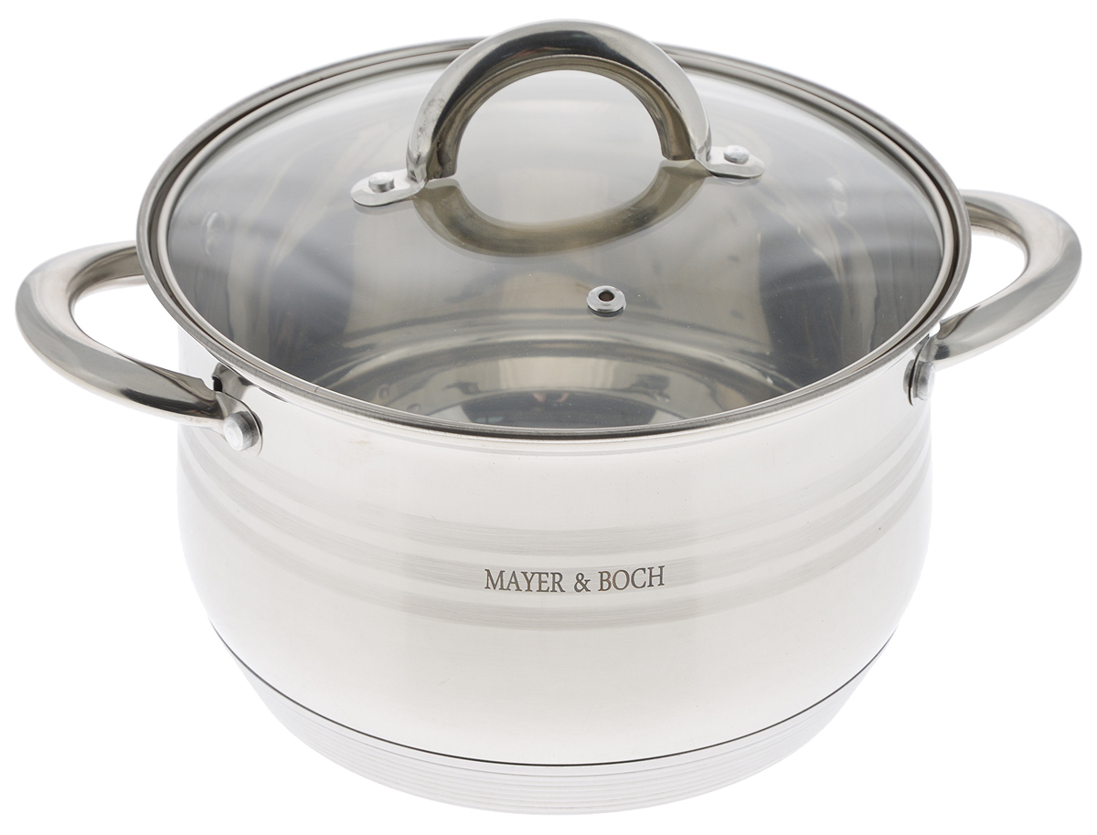 Кастрюля Mayer & Boch с крышкой, 3,8 л. 2403224032 Кастрюля Mayer & Boch с крышкой, 3,8 л. 2403224032Кастрюля Mayer & Boch изготовлена из высококачественной нержавеющей стали 18/10. Комбинация зеркальной полировки и матовых полосок придает изделию элегантный внешний вид. Кастрюля имеет многослойное термоаккумулирующее дно с прослойкой из алюминия, которое обеспечивает равномерное распределение тепла, быстрый подогрев и поддержание тепла. Кастрюля предназначена для здорового и экологичного приготовления пищи. Готовить можно с небольшим количеством воды, продукты сохранят больше полезных веществ, витаминов и минералов. Прозрачная крышка, выполненная из термостойкого стекла, позволяет следить за процессом приготовления пищи. Ручки из нержавеющей стали надежно крепятся к корпусу. Кастрюля подходит для всех видов плит, включая индукционные, и пригодна для мытья в посудомоечной машине. Внутренний диаметр (по верхнему краю): 20 см. Высота стенки: 13 см. Ширина (с учетом ручек): 28 см.