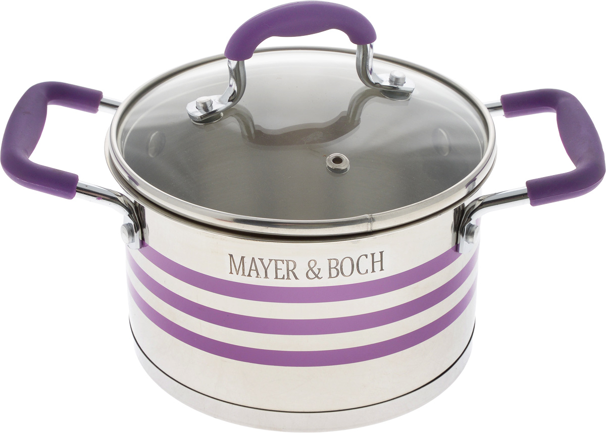 Кастрюля Mayer & Boch с крышкой, цвет: фиолетовый, стальной, 2 л24049 Кастрюля Mayer & Boch с крышкой, цвет: фиолетовый, стальной, 2 л24049Кастрюля Mayer & Boch изготовлена из высококачественной нержавеющей стали 18/10, которая придает ей привлекательный внешний вид, обеспечивает легкую очистку и долговечность. Многослойное термоаккумулирующее дно с прослойкой из алюминия обеспечивает наилучшее распределение и сохранение тепла. Кастрюля идеально подходит для здорового и экологичного приготовления пищи, а также диетических блюд. Ручки оснащены силиконовыми накладками, поэтому не перегреваются во время приготовления пищи. Крышка, выполненная из термостойкого стекла, позволяет следить за процессом приготовления пищи. Она оснащена отверстием для выхода пара и металлическим ободом. Форма кромки кастрюли предотвращает проливание жидкости, а благодаря правильности линий кромки в комбинации с крышкой, обеспечивается максимальная герметизация между ними. Яркий дизайн этой кастрюли придется по вкусу даже самой требовательной хозяйке. Подходит для всех типов плит, включая индукционные. Можно мыть в посудомоечной машине.Диаметр кастрюли (по верхнему краю): 16 см.Ширина кастрюли (с учетом ручек): 26 см.Высота стенки: 10,5 см.