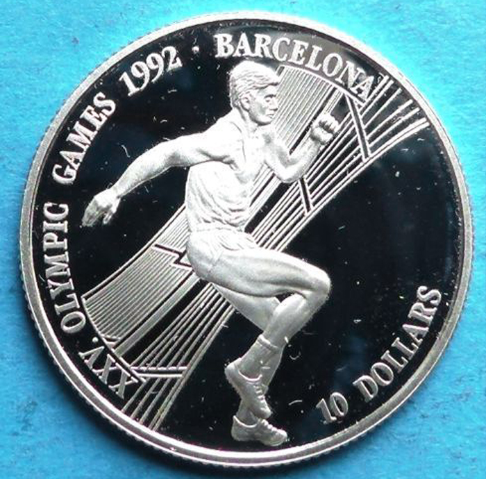 Монета 10 долларов. Игры XXV летней Олимпиады в Барселоне (1992 год). Легкая атлетика. Острова Кука, 1990 год (Proof)