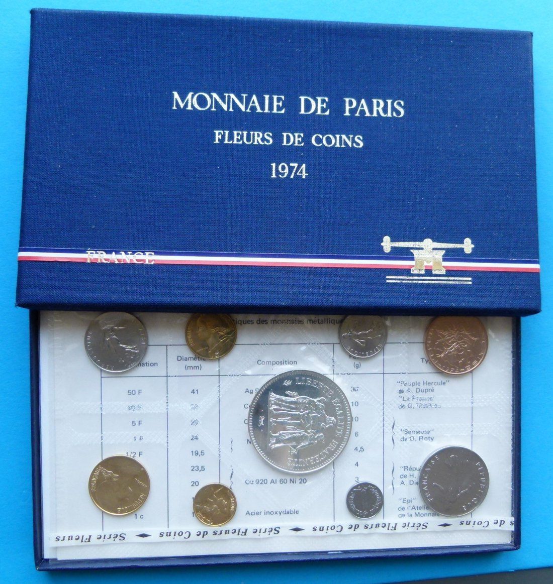 Годовой набор монет Fleurs de coins. Парижский монетный двор. Франция, 1974 год (UNC)