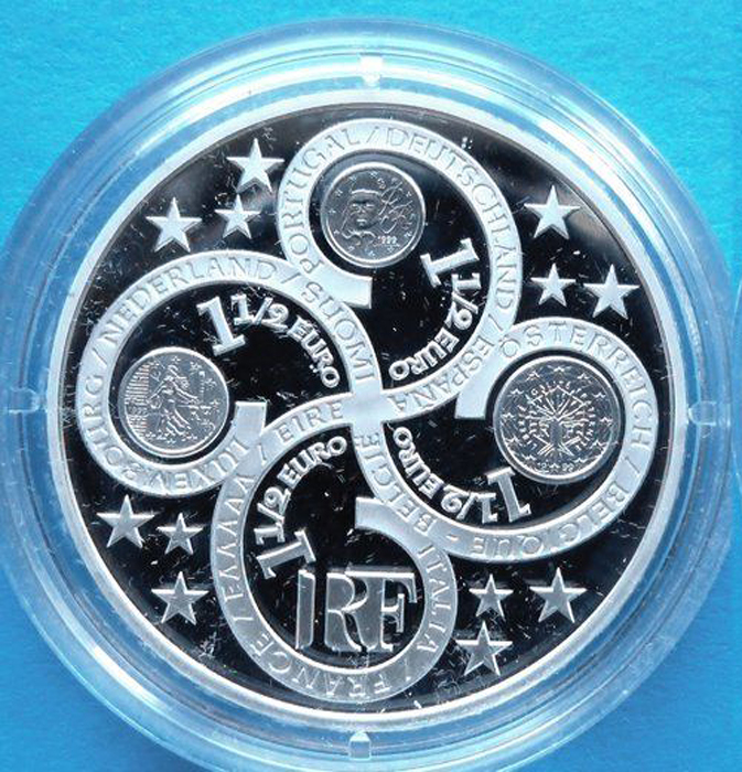 Монета 1,5 евро. Европейский Валютный союз. Годовщина евро. Белый металл. Парижский монетный двор. Франция, 2003 год (Proof)