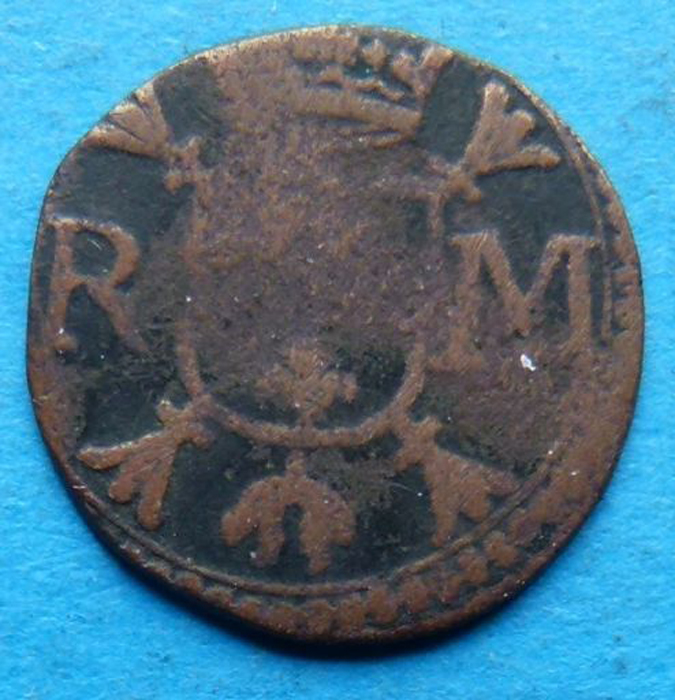 Монета 1 гигот (дуит). Карл II. Медь. Испанские Нидерланды, Рурмонд, 1665-1700 гг