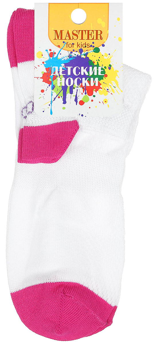 Носки детские Master Socks, цвет: белый, фуксия. 52056. Размер 2452056 Носки детские Master Socks, цвет: белый, фуксия. 52056. Размер 2452056Спортивные детские носки Master Socks изготовлены из натурального хлопка и полиамида. Ткань легкая, тактильно приятная, хорошо пропускает воздух. Короткая модель носков имеет эластичную резинку с фигурным краем, которая мягко облегает ножку ребенка, обеспечивая удобство и комфорт. Изделие оформлено надписями. Удобные и прочные носочки станут отличным дополнением к детскому гардеробу!Уважаемые клиенты!Размер, доступный для заказа, является длиной стопы.