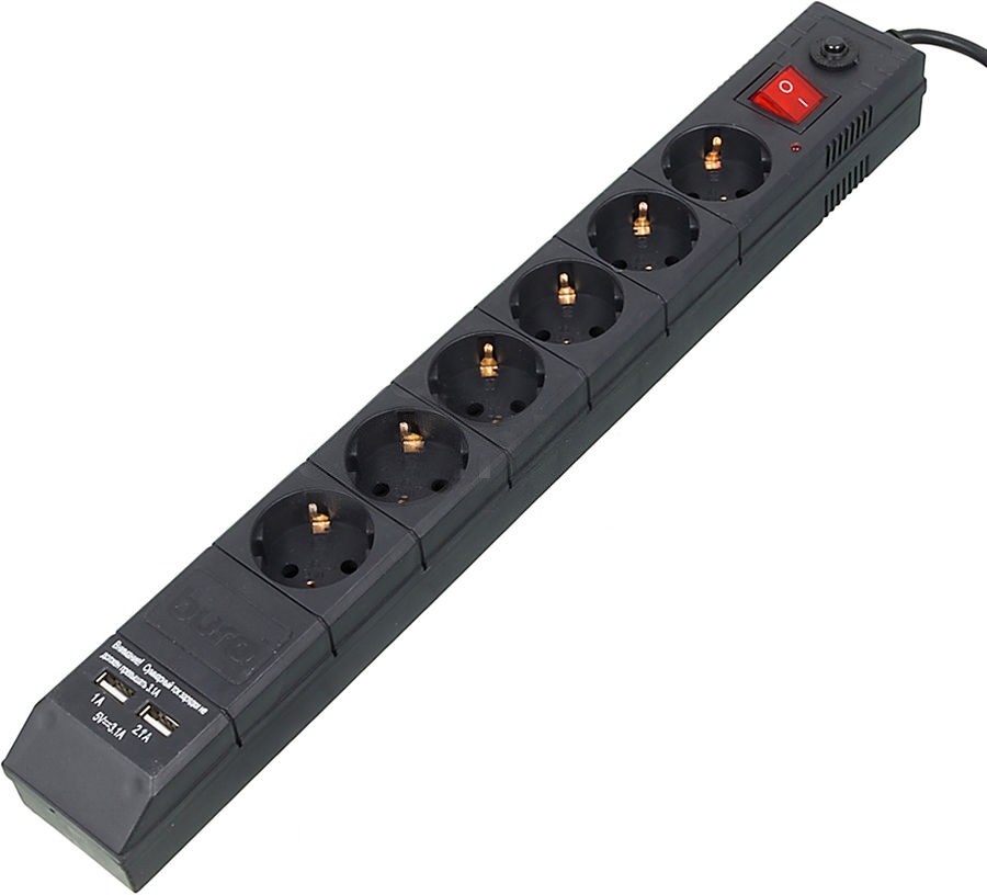 Сетевой фильтр Buro BU-SP1.8_USB_2A-B (6 розеток), Black
