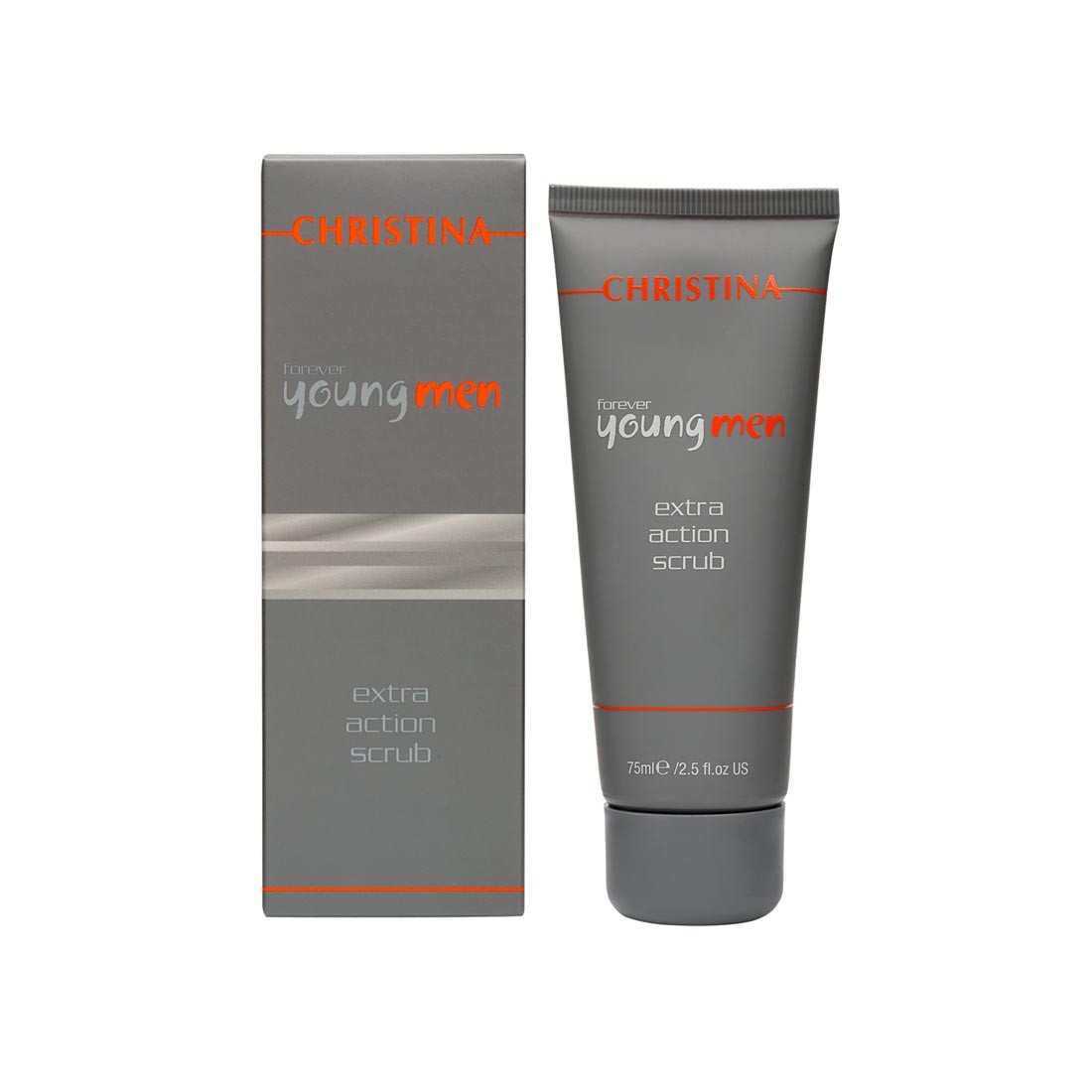 Christina Скраб для мужчин Forever Young Extra Action Scrub 75 млFYMES Christina Скраб для мужчин Forever Young Extra Action Scrub 75 млFYMESСкраб для мужчин Christina Forever Young Extra Action Scrub в состав которого входят высокотехнологичные ингредиенты, бережно очищает кожу. Он прост в применении, эффективен, имеет приятный запах. Этот активный эксфолиант устраняет загрязнение, защищает кожу от неблагоприятных факторов окружающей среды, делает кожу свежей, упругой, чистой.Формула, создающая нежную пену, содержит салициловую кислоту, винный экстракт с танином и полифенолом, винную кислоту, которые оказывают восстанавливающее, омолаживающее и защитное действия. Экстракт центеллы азиатской улучшает микроциркуляцию, что повышает обмен веществ в коже и укрепляет ее.