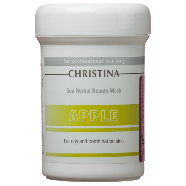 Christina Яблочная маска красоты для жирной и комбинированной кожи Sea Herbal Beauty Mask Green Apple 250 млM-576 Christina Яблочная маска красоты для жирной и комбинированной кожи Sea Herbal Beauty Mask Green Apple 250 млM-576Яблочная маска красоты для жирной и комбинированной кожи Christina Sea Herbal Beauty Mask Green Apple обеспечит увлажнение дегидрированной коже. Не содержащая жиров формула объединила в себе успокаивающие растительные ингредиенты и высокоактивные гидрирующие вещества, которые оказывают оживляющее, освежающее и обновляющее действия на усталую кожу.Яблочная маска красоты для жирной и комбинированной кожи Christina содержит фруктовые кислоты, добываемые из яблока, которые улучшают текстуру кожи и препятствуют появлению признаков старения. Маска не высыхает, обладает кремообразной консистенцией и обеспечивает постоянный питательный эффект.