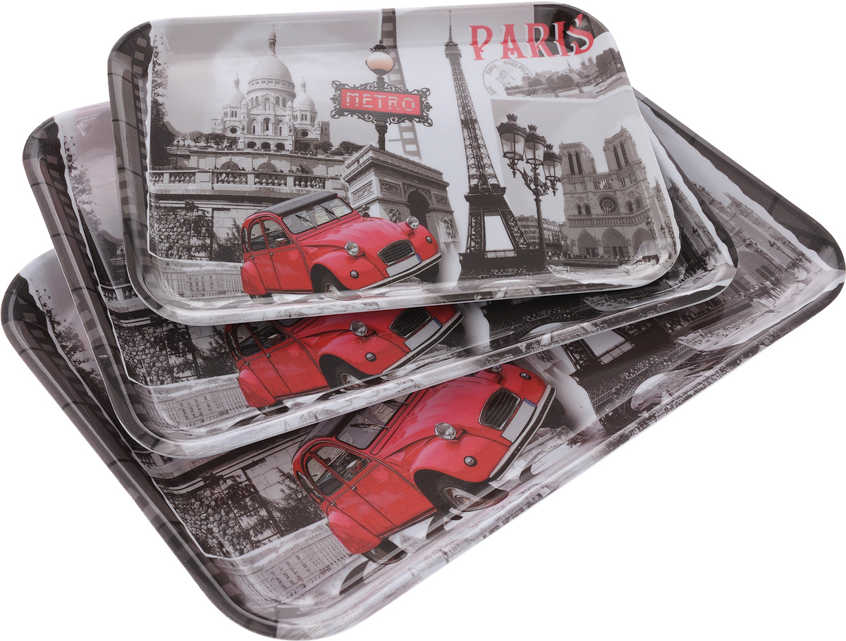 Набор подносов Mayer & Boch Paris, 3 шт24781 Набор подносов Mayer & Boch Paris, 3 шт24781Оригинальный набор Mayer & Boch Paris состоит из трех сервировочных подносов разного размера. Изделия, изготовленные из высококачественного меламина, украшены ярким изображением.Подносы отлично подойдут для красивой сервировки различных блюд, закусок и фруктов на праздничном столе. Такой набор станет отличным подарком на любой праздник.Размер малого подноса: 29,4 х 20,5 х 1,6 см.Размер среднего подноса: 33,8 х 23,5 х 2 см.Размер большого подноса: 39 х 27,3 х 2,4 см.