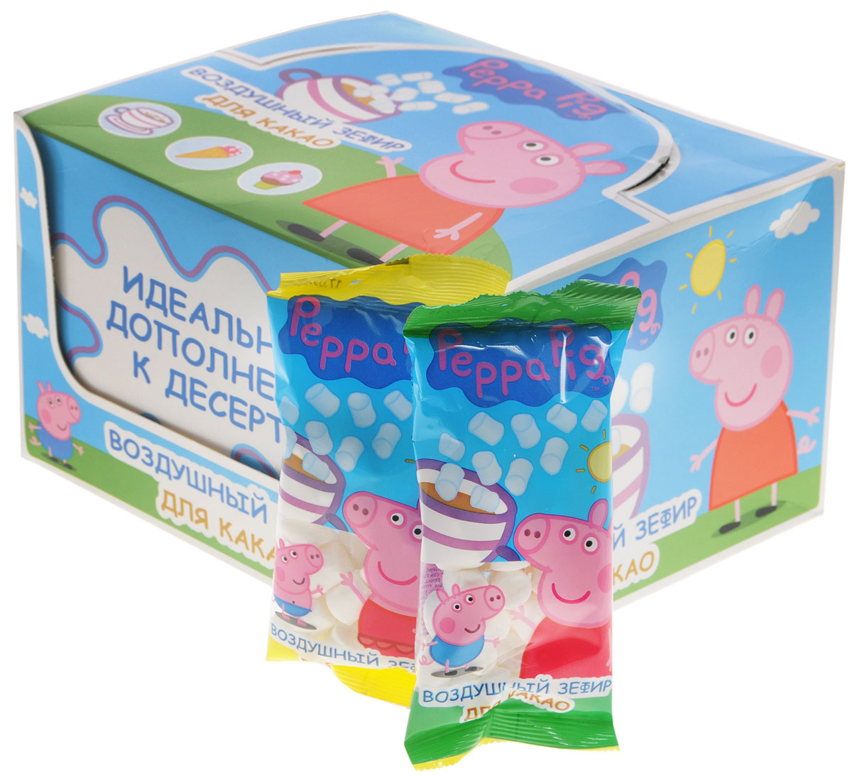Зефирюшки Peppa Pig воздушный зефир для какао, 360 г (24 шт)ZF-12-4/PP Зефирюшки Peppa Pig воздушный зефир для какао, 360 г (24 шт)ZF-12-4/PPВ европейских странах маршмеллоу – самый трендовый десерт десятилетия.Тающие зефирки во фруктовых салатах, ими украшают пирожные и торты. А жарка воздушного зефира на костре – настоящая походная традиция, украшающая каждый семейный пикник.