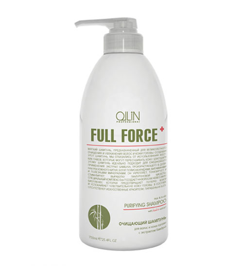 Ollin Очищающий шампунь для волос и кожи головы с экстрактом бамбука Full Force Hair & Scalp Purfying Shampoo 750 мл725607 Ollin Очищающий шампунь для волос и кожи головы с экстрактом бамбука Full Force Hair & Scalp Purfying Shampoo 750 мл725607Hair & Scalp Purfying Shampoo - шампунь очищающий для волос и кожи головы с экстрактом бамбука. Увлажняет волосы и не пересушивает кожу головы из-за отсутствия в составе жестких ПАВ. Действие экстракта бамбука направлено на укрепление волос, а комплекс Exo-T создает невесомую биопленку, которая предотвращает потерю влаги и успокаивает чувствительную кожу головы. Предназначен для глубокого очищения волос и кожи головы.Без искусственных красителей, Без парабенов, Без SLES