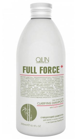 Ollin Очищающий шампунь для волос и кожи головы с экстрактом бамбука Full Force Hair & Scalp Purfying Shampoo 300 мл725614 Ollin Очищающий шампунь для волос и кожи головы с экстрактом бамбука Full Force Hair & Scalp Purfying Shampoo 300 мл725614Hair & Scalp Purfying Shampoo - шампунь очищающий для волос и кожи головы с экстрактом бамбука. Увлажняет волосы и не пересушивает кожу головы из-за отсутствия в составе жестких ПАВ. Действие экстракта бамбука направлено на укрепление волос, а комплекс Exo-T создает невесомую биопленку, которая предотвращает потерю влаги и успокаивает чувствительную кожу головы. Предназначен для глубокого очищения волос и кожи головы.Без искусственных красителей, Без парабенов, Без SLES