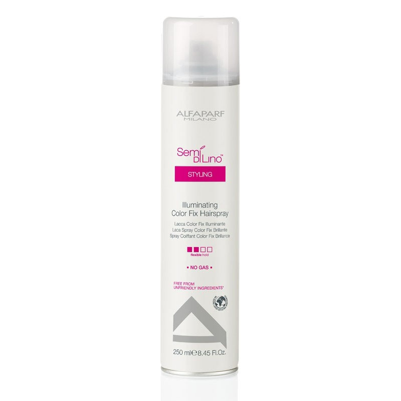 Alfaparf Лак для стойкости цвета, придающий блеск Semi Di Lino Illuminating Color Fix Hair Spray 250 мл72 Alfaparf Лак для стойкости цвета, придающий блеск Semi Di Lino Illuminating Color Fix Hair Spray 250 мл72Alfaparf Semi DiLino Illuminating Color Fix Hair Spray Лак для стойкости цвета, придающий блеск создан специально для окрашенных волос, позволяя надёжно защитить волосы от потери цвета и дополнительно обеспечиваю им защиту от воздействия окружающей среды. Данное средство обеспечивает прекрасную защиту волоса, не утяжеляя и не повреждая его. Благодаря экстракту семени льна, который содержится в составе лака для стойкости цвета волос Альфапарф SDL Illuminating Color Fix Hairspray волосы становятся гладкими и ослепительно блестящими.Alfaparf Semi Di Lino Illuminating Hair Spray подходит для всех типов окрашенных волос и не содержит парафинов, сульфатов, аллергенов и минеральных масел.Степень фиксации: средняя фиксация.